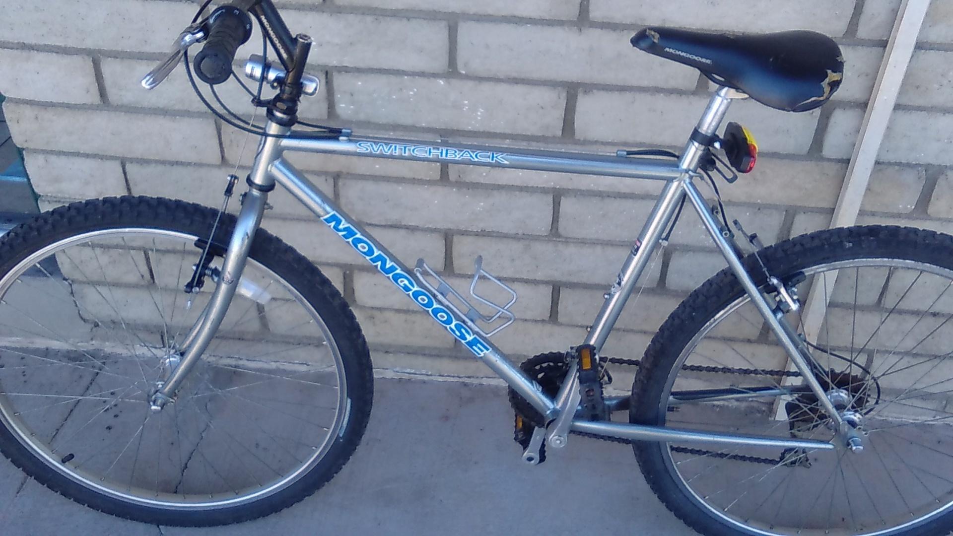 Mongoose Switchback Silver or Gray, Stickers tape or other cover-up, and Blue