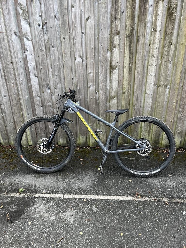 2024 Nukeproof Scout 290 Silver, gray or bare metal and Yellow or Gold