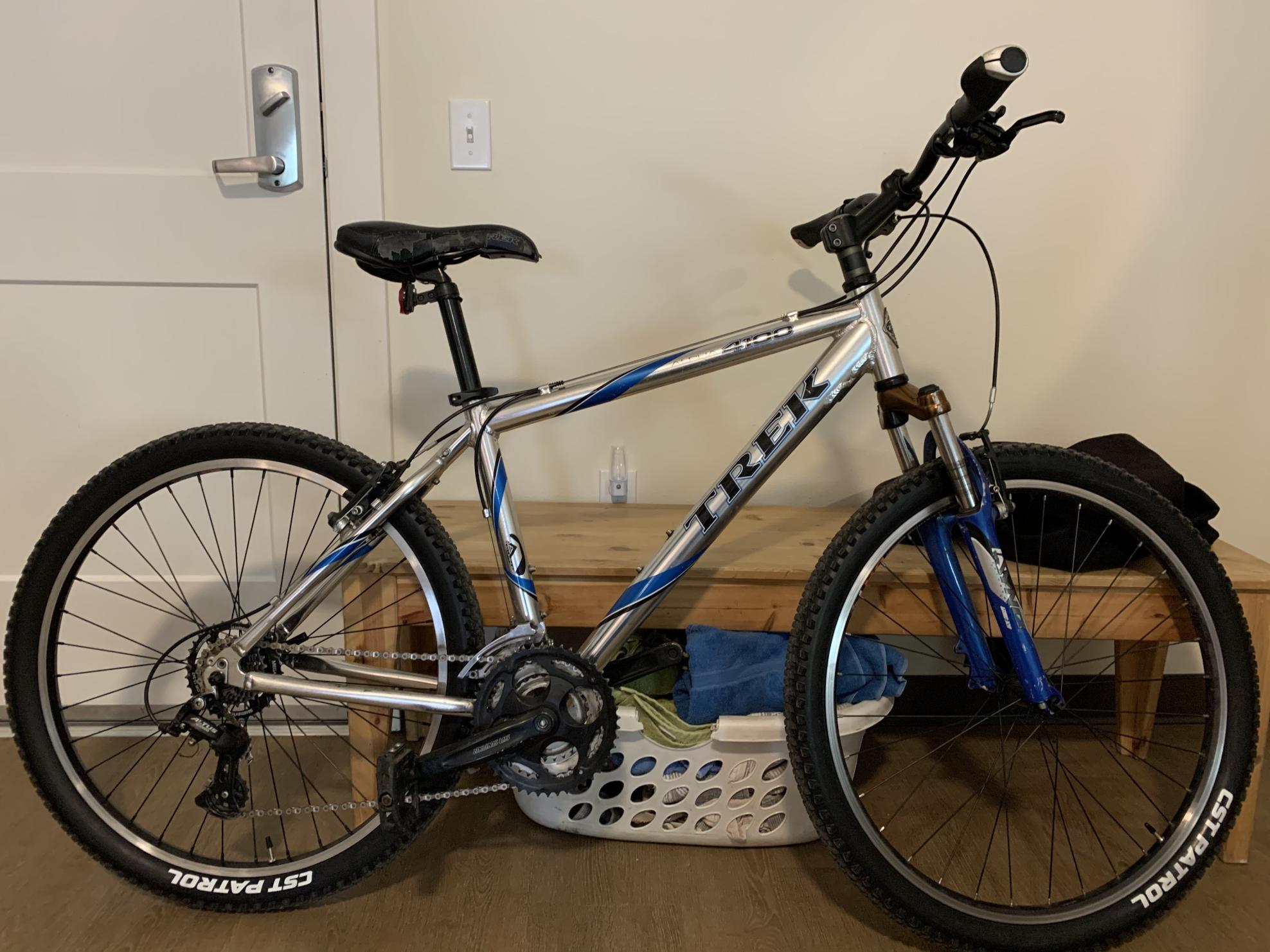 2003 Trek 4100 Silver, gray or bare metal and Blue
