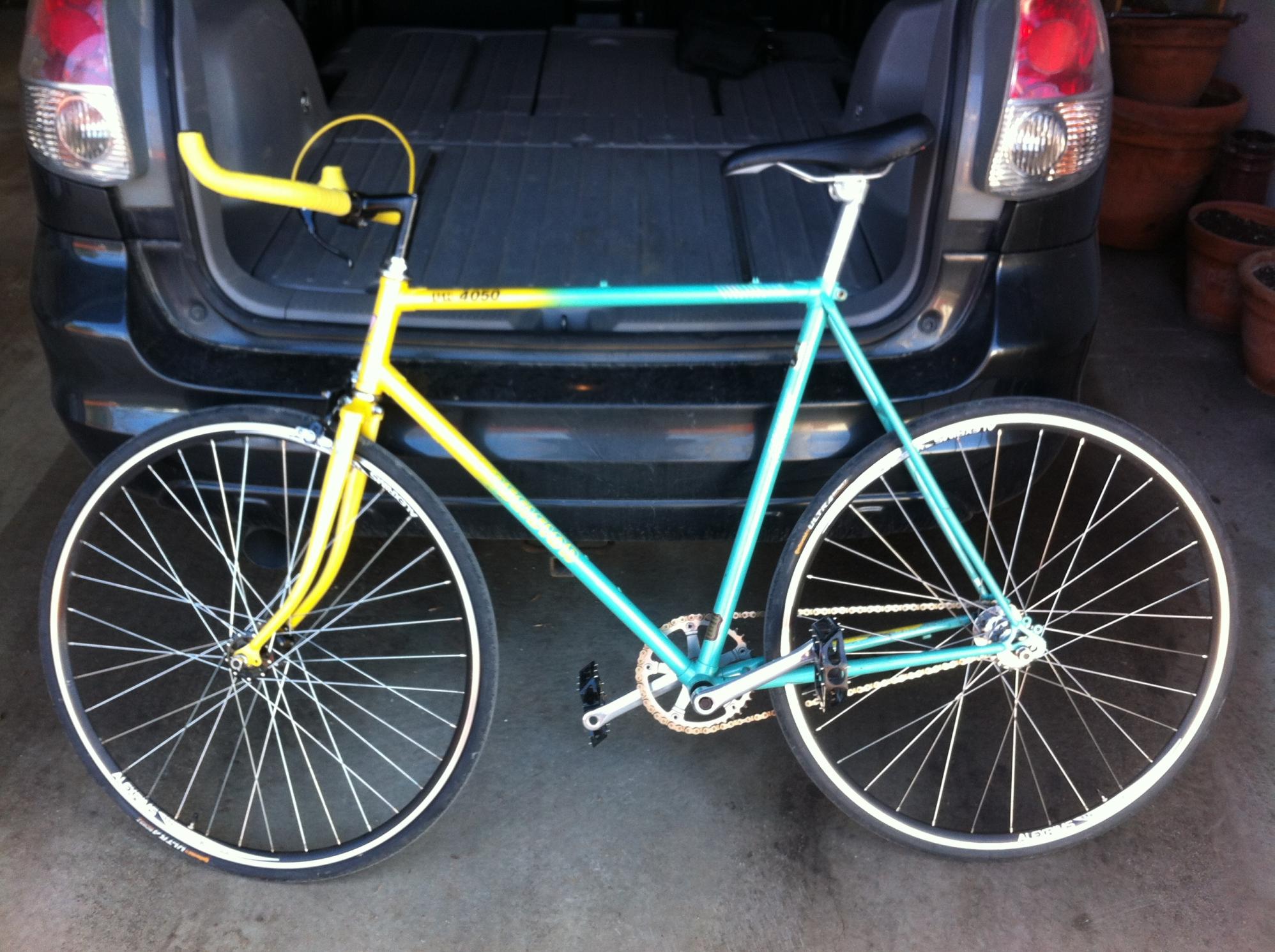 1980s custom fixed gear / single speed Teal and Yellow or Gold