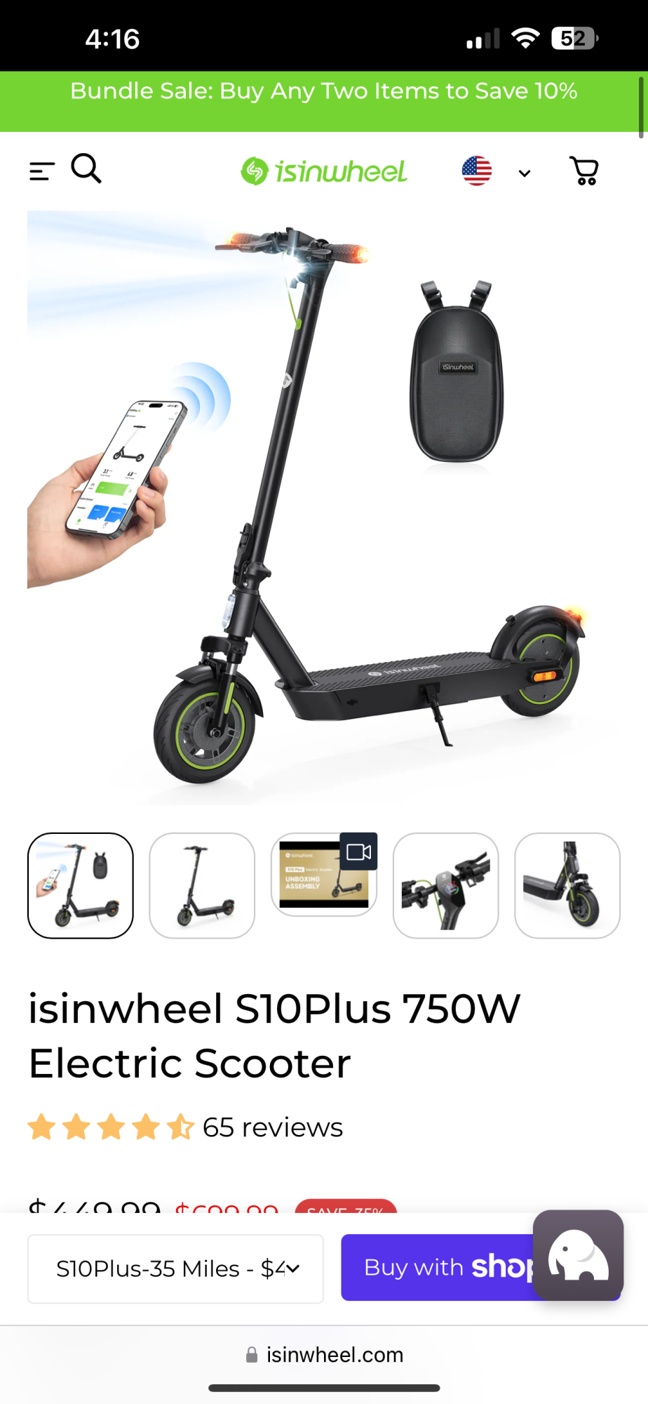 2024 isinwheel S10 Plus e-scooter Black and Green