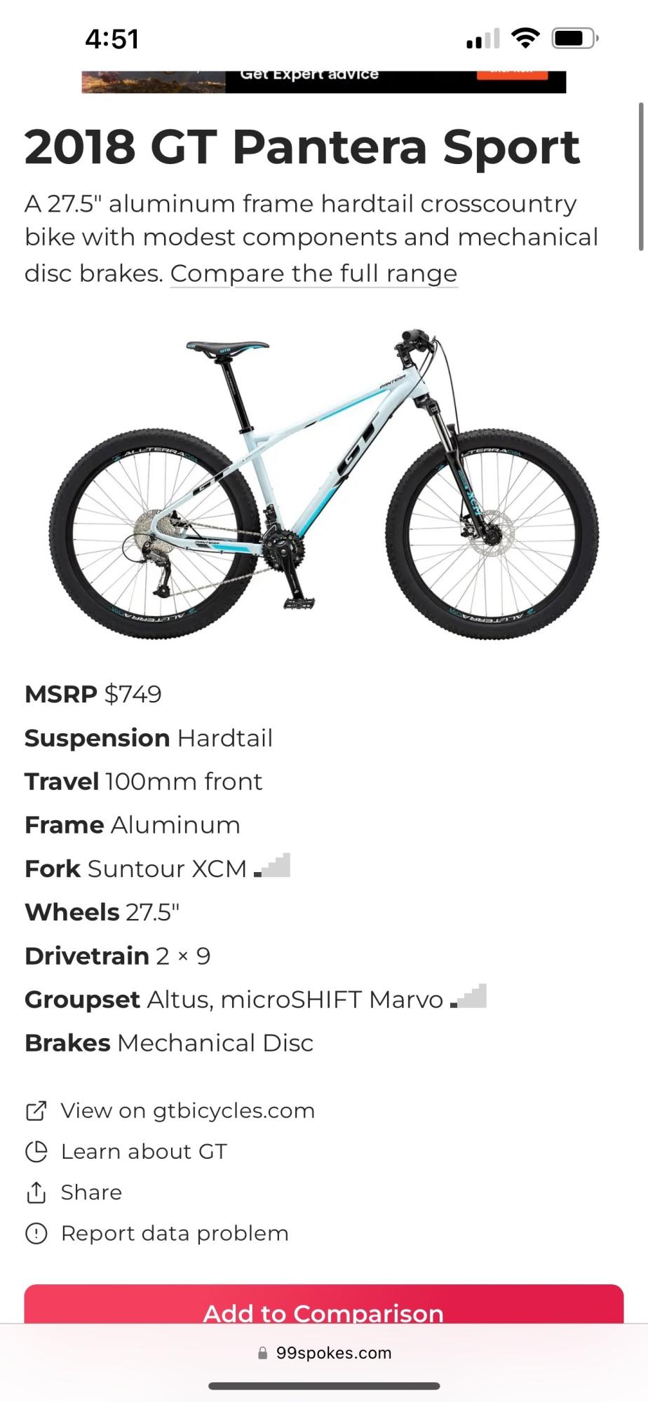2018 GT Bicycles Pantera Sport Blue